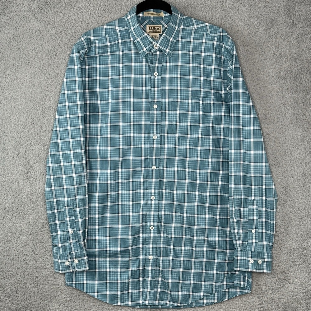 LL Bean Men's Medium Tall Button Down Teal Gingham Check Shirt Wrinkle Resistant